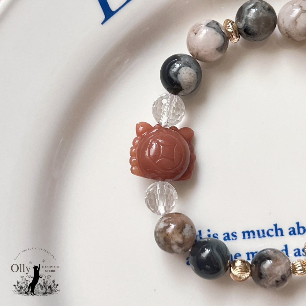 【Olly】設計款【櫻華映蓮】黑櫻花 阿拉善 珊瑚玉 彈性手鍊-細節圖3