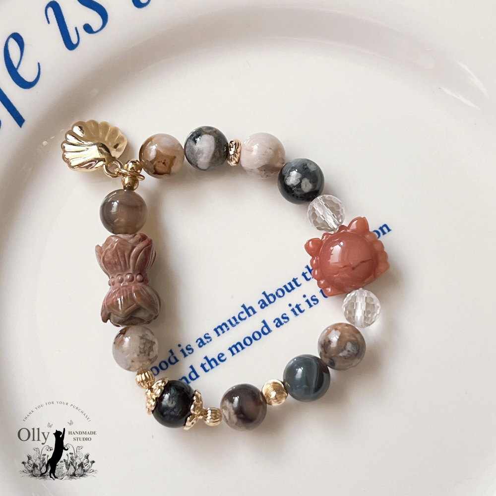 【Olly】設計款【櫻華映蓮】黑櫻花 阿拉善 珊瑚玉 彈性手鍊-細節圖4