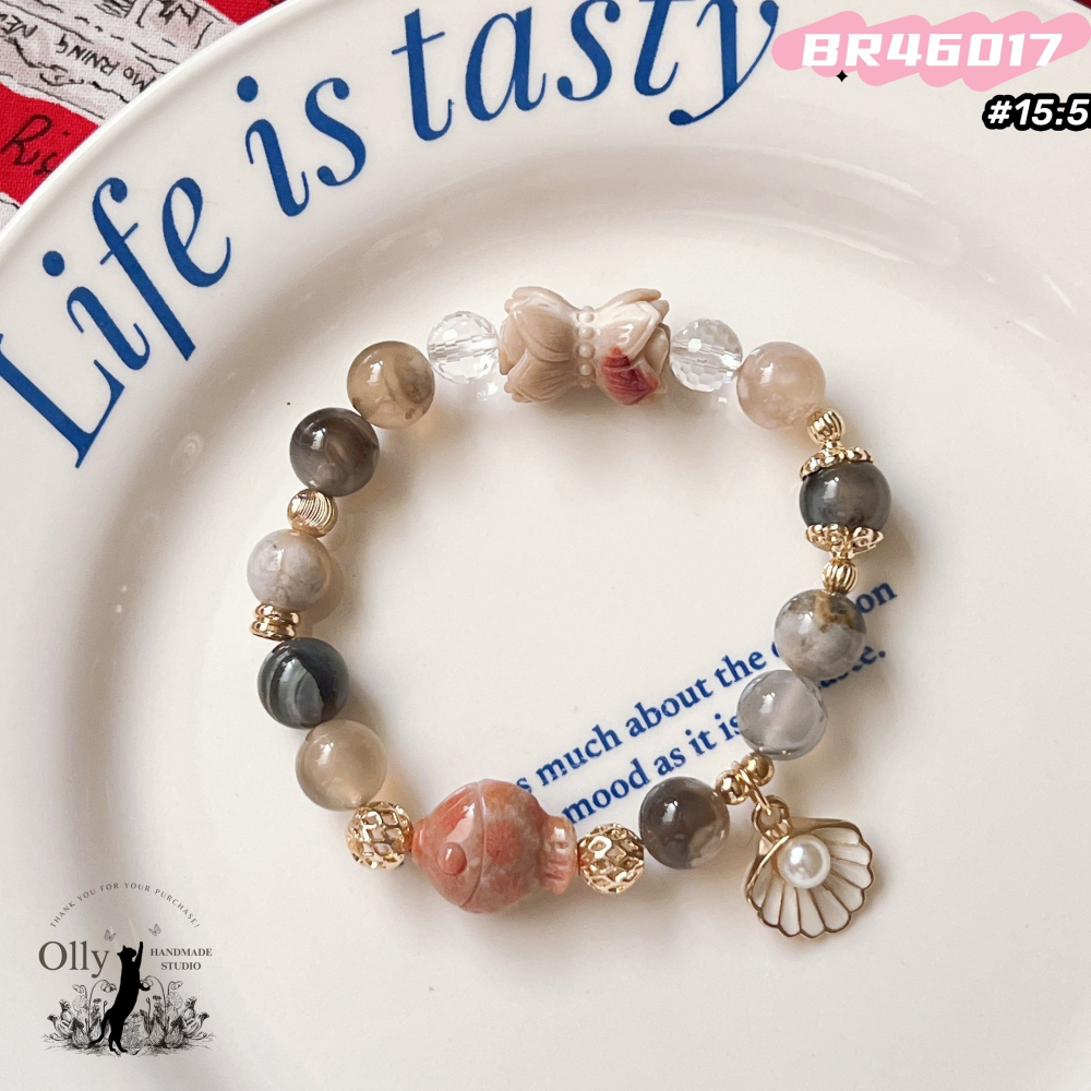 【Olly】設計款【櫻華映蓮】黑櫻花 阿拉善 珊瑚玉 彈性手鍊-細節圖5