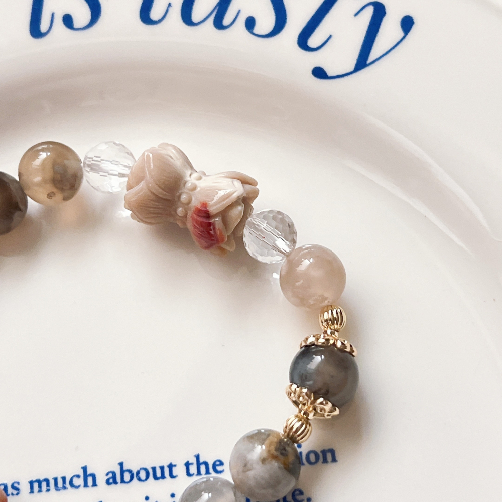 【Olly】設計款【櫻華映蓮】黑櫻花 阿拉善 珊瑚玉 彈性手鍊-細節圖7