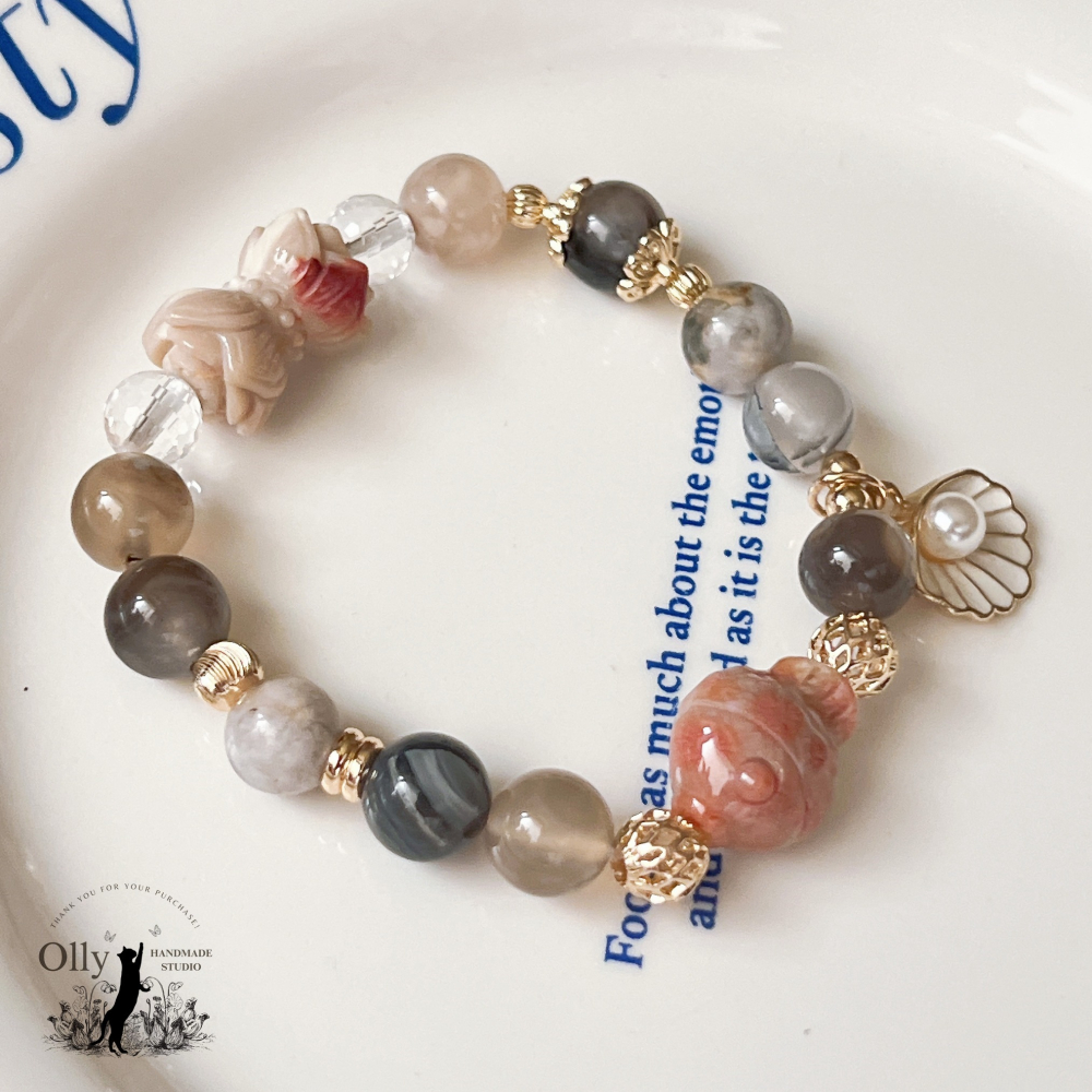【Olly】設計款【櫻華映蓮】黑櫻花 阿拉善 珊瑚玉 彈性手鍊-細節圖8