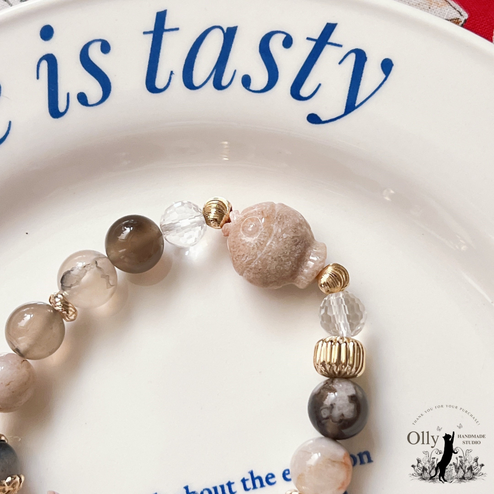 【Olly】設計款【櫻華映蓮】黑櫻花 阿拉善 珊瑚玉 彈性手鍊-細節圖10