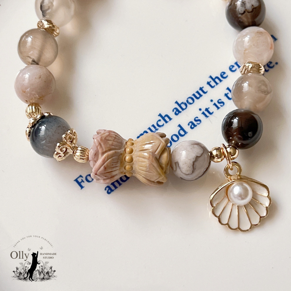 【Olly】設計款【櫻華映蓮】黑櫻花 阿拉善 珊瑚玉 彈性手鍊-細節圖11