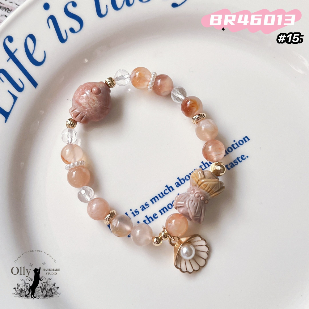 【Olly】設計款【春櫻蓮魚】櫻花瑪瑙 阿拉善併蒂蓮 珊瑚玉胖魚 彈性手鍊-細節圖2