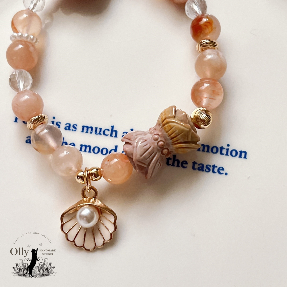 【Olly】設計款【春櫻蓮魚】櫻花瑪瑙 阿拉善併蒂蓮 珊瑚玉胖魚 彈性手鍊-細節圖4