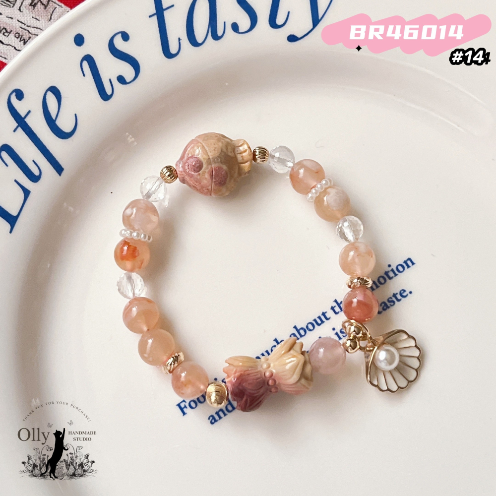 【Olly】設計款【春櫻蓮魚】櫻花瑪瑙 阿拉善併蒂蓮 珊瑚玉胖魚 彈性手鍊-細節圖5