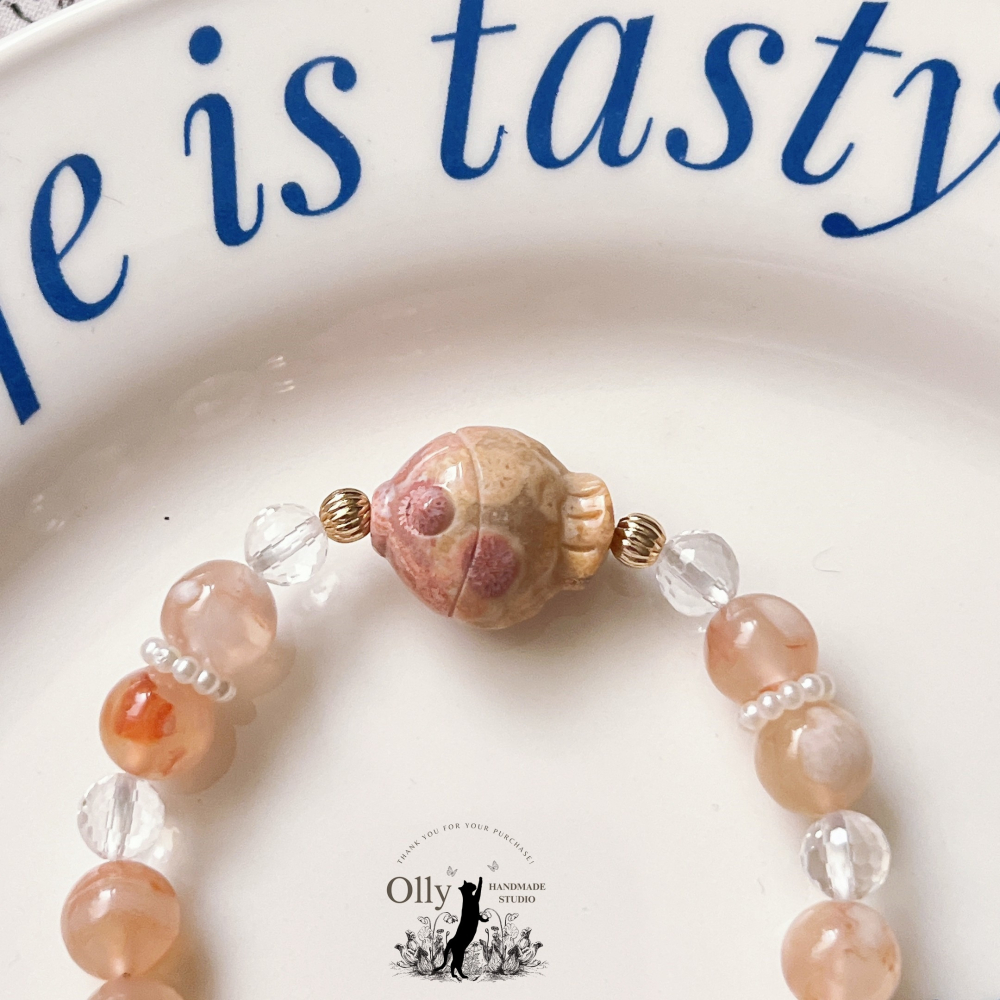 【Olly】設計款【春櫻蓮魚】櫻花瑪瑙 阿拉善併蒂蓮 珊瑚玉胖魚 彈性手鍊-細節圖6