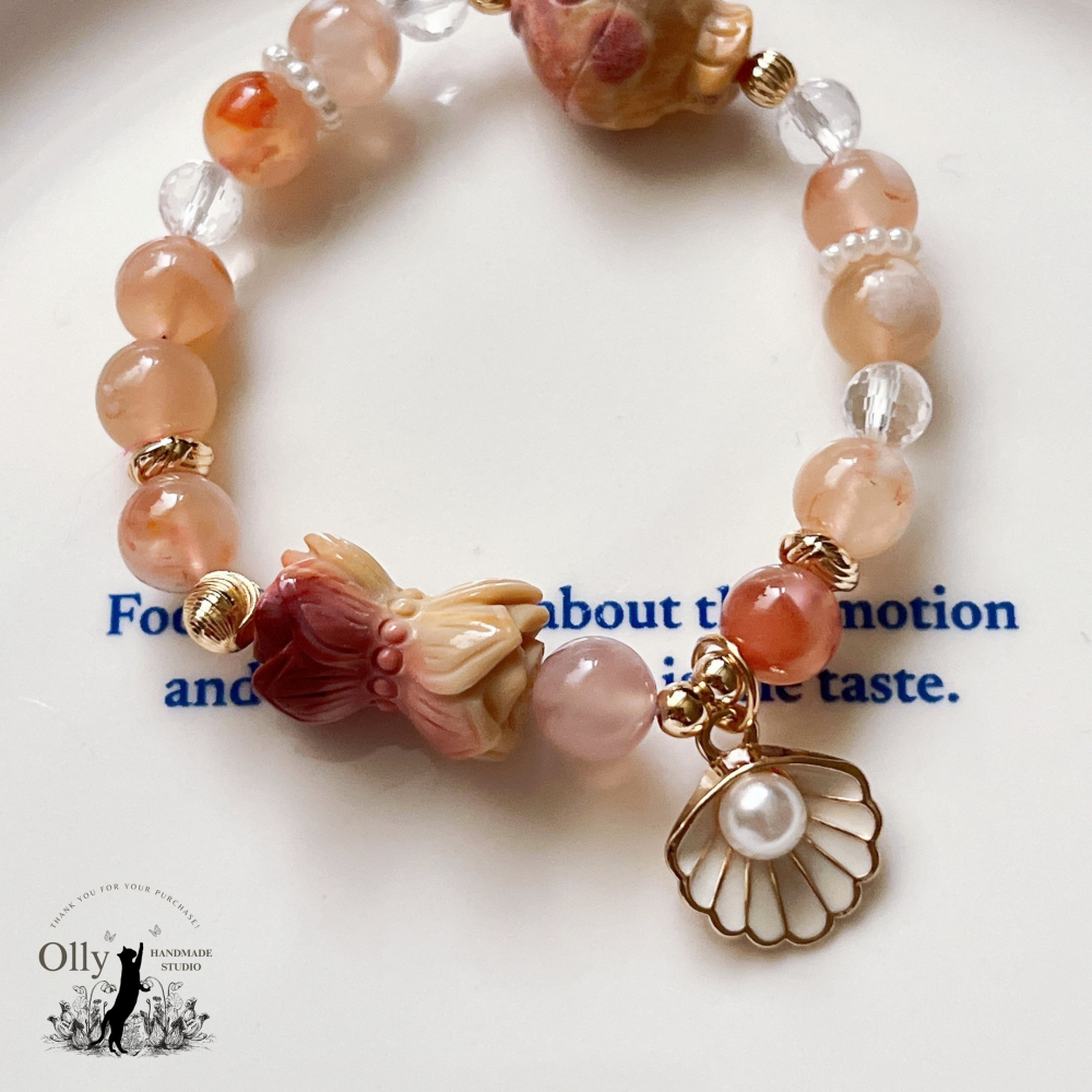 【Olly】設計款【春櫻蓮魚】櫻花瑪瑙 阿拉善併蒂蓮 珊瑚玉胖魚 彈性手鍊-細節圖7