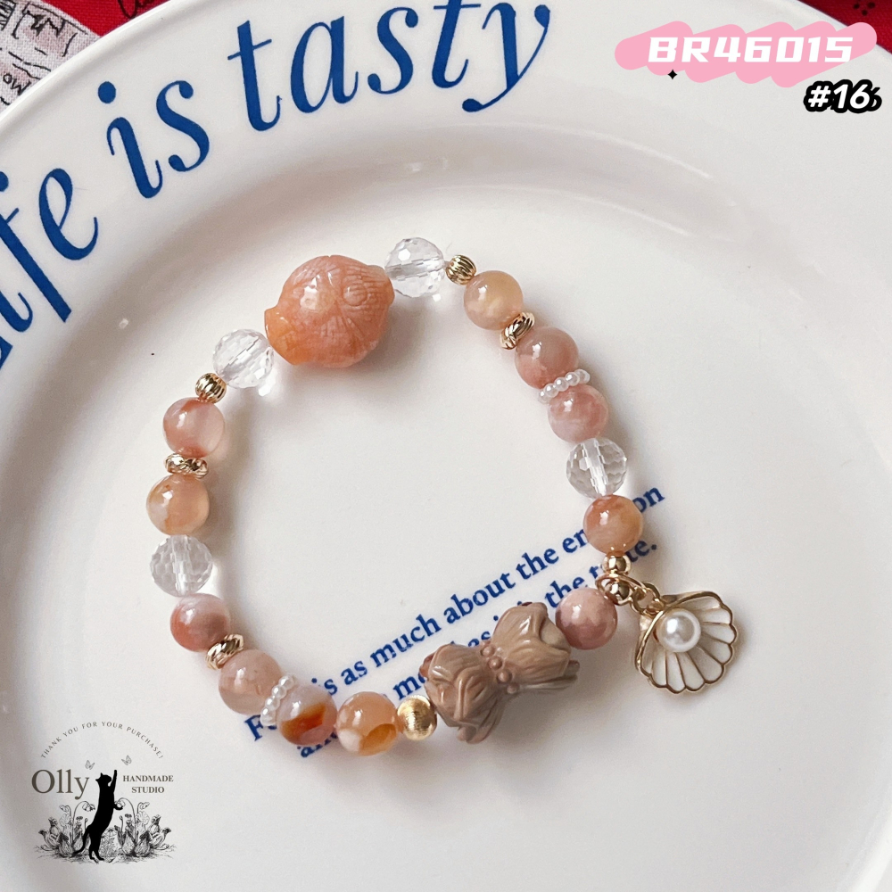 【Olly】設計款【春櫻蓮魚】櫻花瑪瑙 阿拉善併蒂蓮 珊瑚玉胖魚 彈性手鍊-細節圖8