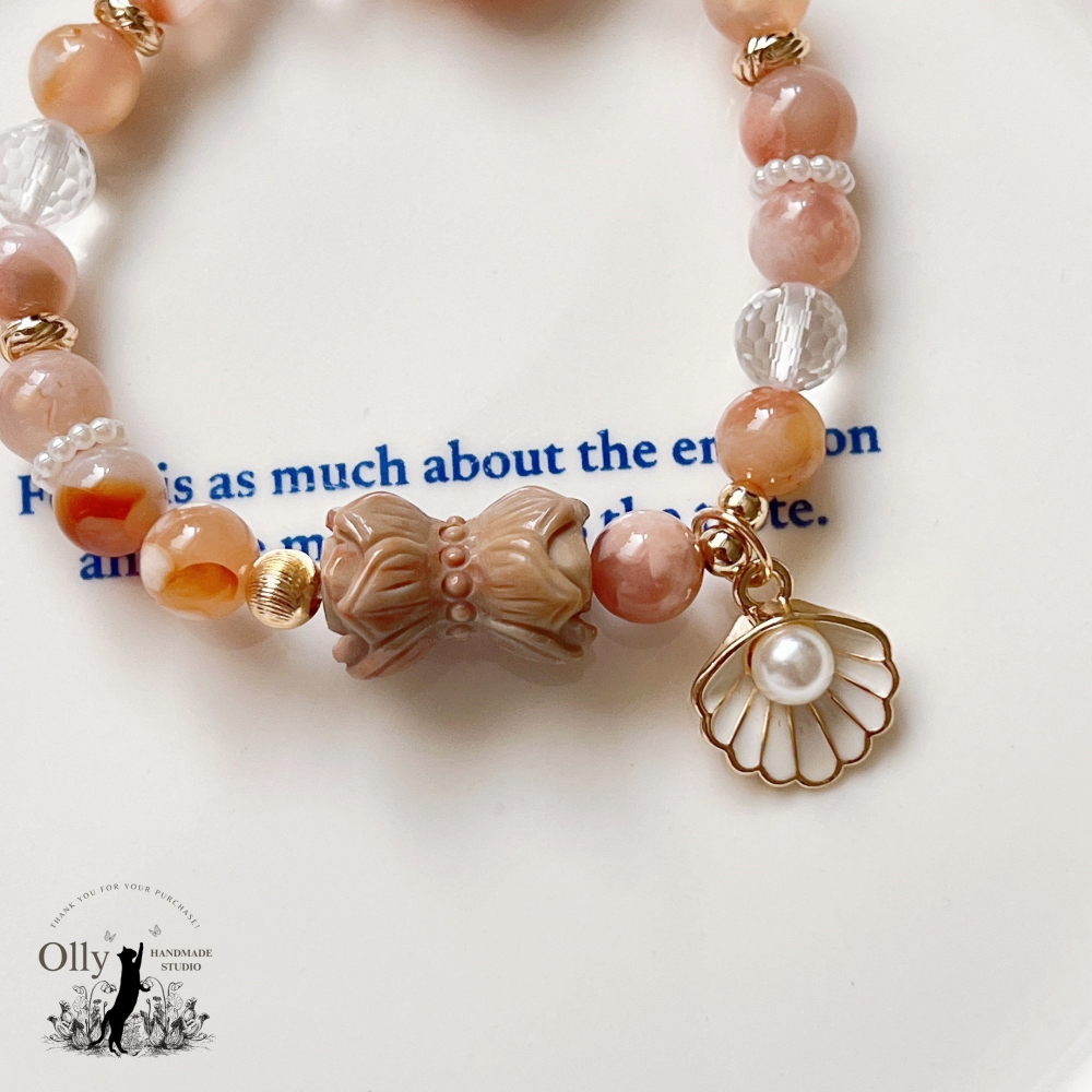 【Olly】設計款【春櫻蓮魚】櫻花瑪瑙 阿拉善併蒂蓮 珊瑚玉胖魚 彈性手鍊-細節圖10