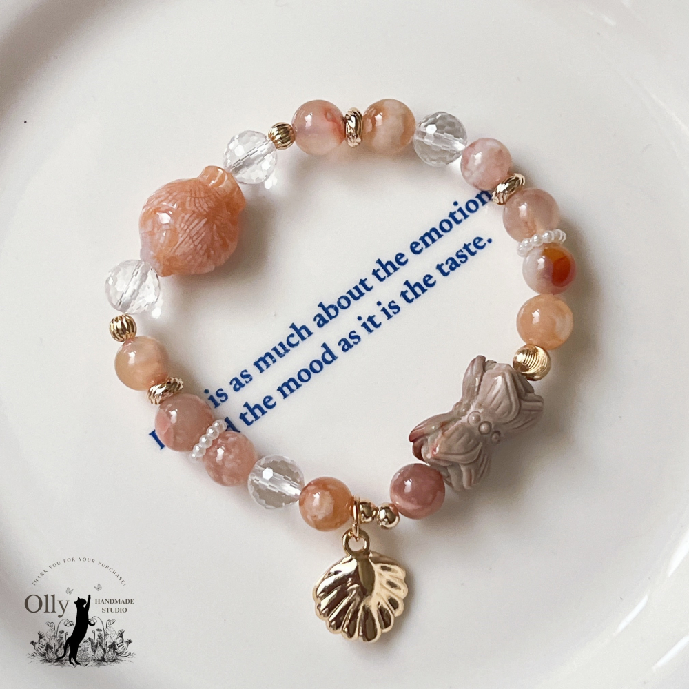 【Olly】設計款【春櫻蓮魚】櫻花瑪瑙 阿拉善併蒂蓮 珊瑚玉胖魚 彈性手鍊-細節圖11