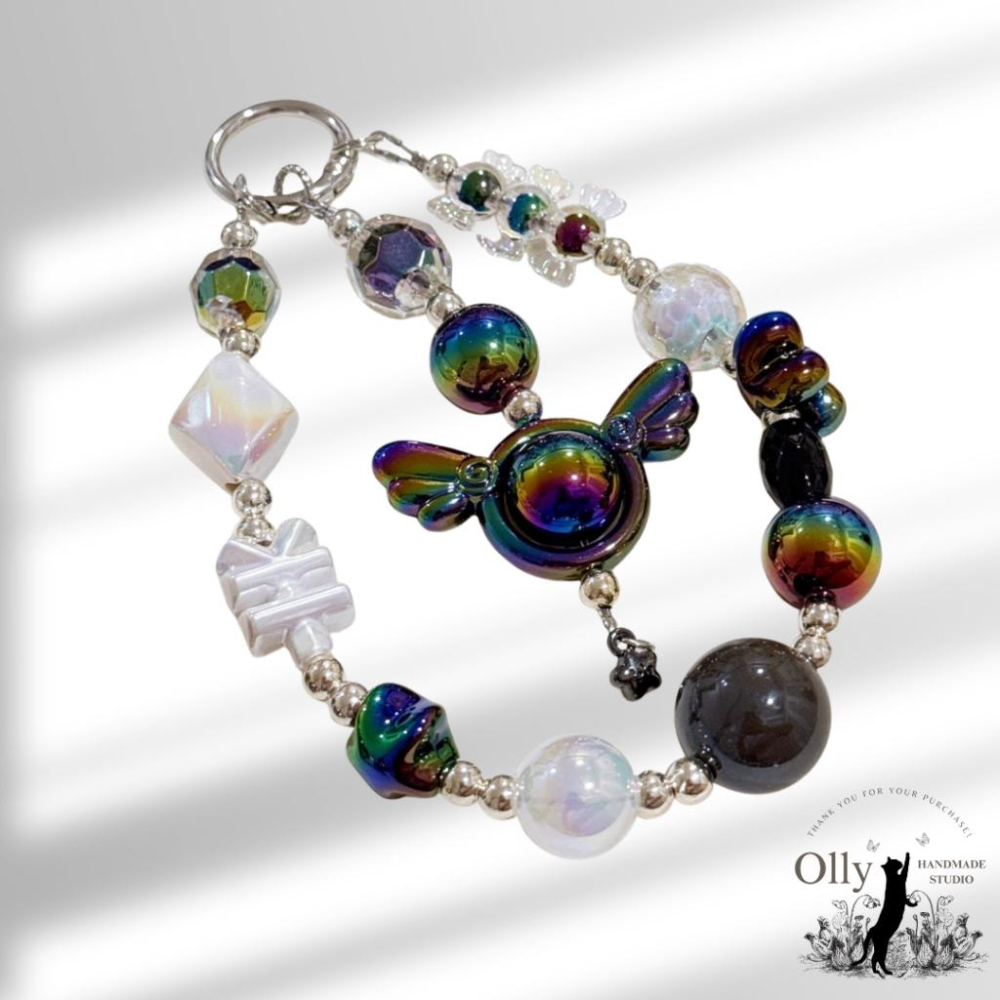 【Olly】幻彩黑白串珠掛飾🐬手機掛鏈 吊飾 包掛 鑰匙圈 聖誕禮物 交換禮物 生日禮物 手腕鏈 掛繩 車掛-細節圖3