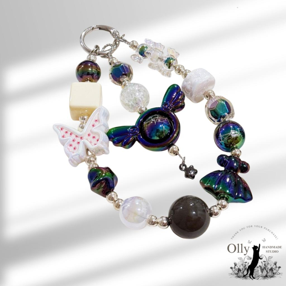 【Olly】幻彩黑白串珠掛飾🐬手機掛鏈 吊飾 包掛 鑰匙圈 聖誕禮物 交換禮物 生日禮物 手腕鏈 掛繩 車掛-細節圖4