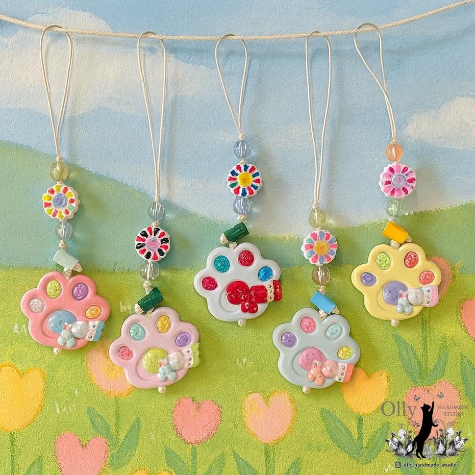 【Olly】貓掌調色盤 串珠 吊飾 蠟繩吊飾 車掛 包掛 生日禮物 交換禮物 手作 可愛掛飾 畫盤-細節圖3