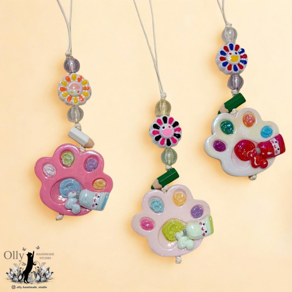 【Olly】貓掌調色盤 串珠 吊飾 蠟繩吊飾 車掛 包掛 生日禮物 交換禮物 手作 可愛掛飾 畫盤-細節圖4