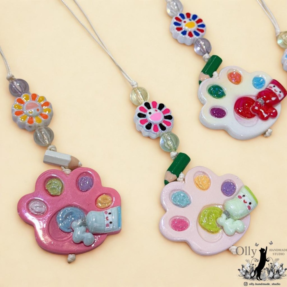 【Olly】貓掌調色盤 串珠 吊飾 蠟繩吊飾 車掛 包掛 生日禮物 交換禮物 手作 可愛掛飾 畫盤-細節圖5