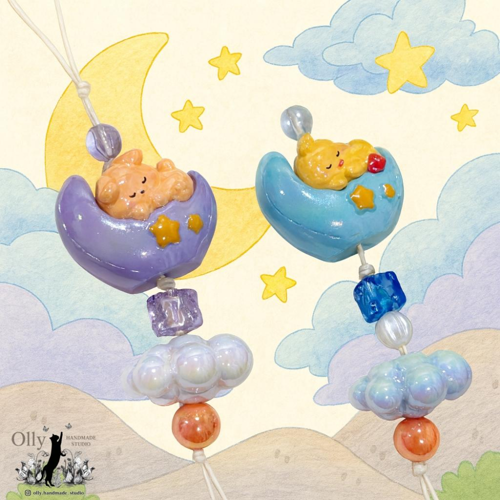 【Olly】【晚安月亮 睡眠寶寶】立體吊飾 包掛 車掛 串珠掛飾 串珠 床頭掛飾 夢幻 雲朵 睡眠動物 生日禮物 交換禮-細節圖3