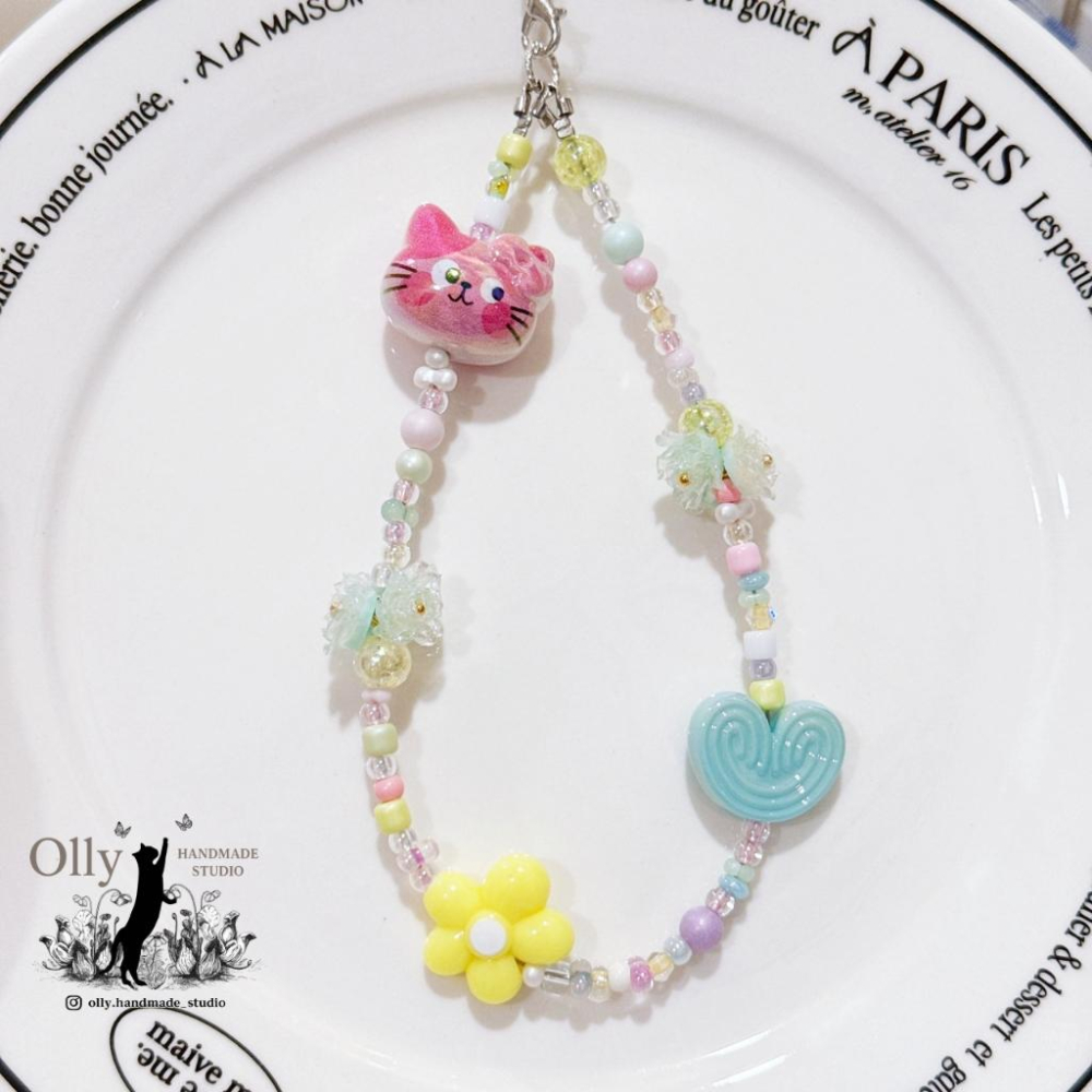 【Olly】春日薄荷 彩珠手機掛鍊 手工串珠掛繩 防摔防掉落吊飾 貓 生日禮物 閨蜜禮物 交換禮物-細節圖2