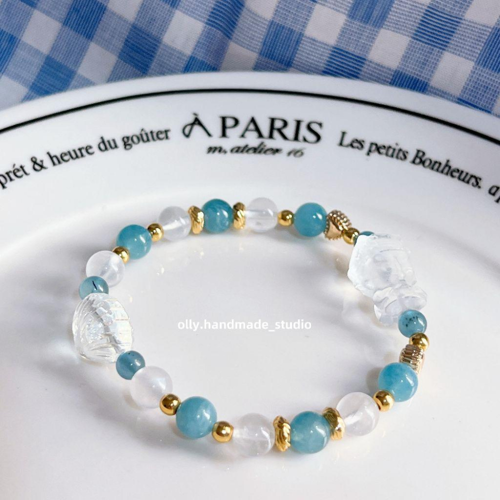 【Olly】設計款【海的守護－媽祖】水晶彈性手鍊 親過山邊媽祖香爐 生日禮物 平安庇佑 海藍寶 白水晶 建廟義賣-細節圖2