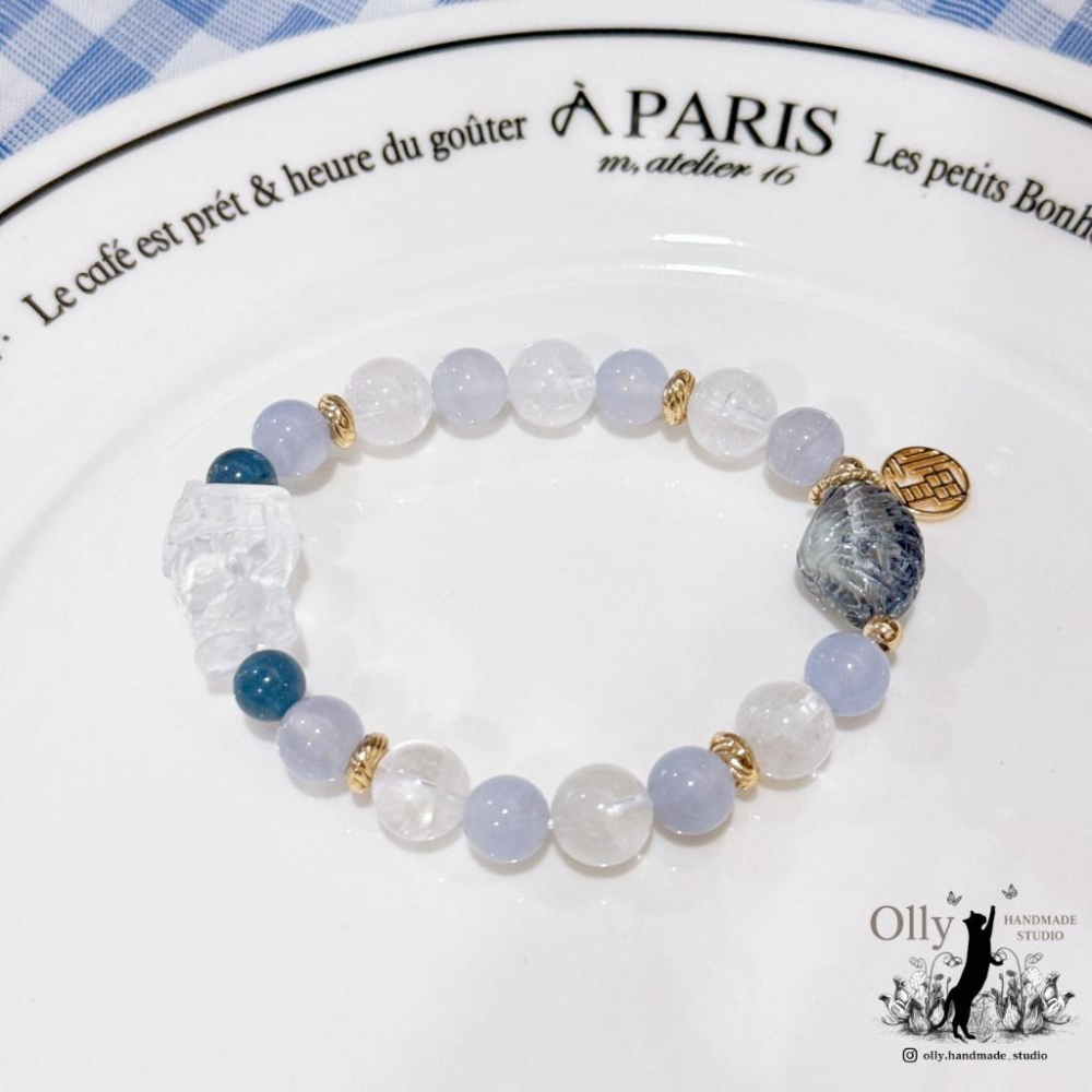 【Olly】設計款【海的守護－媽祖】水晶彈性手鍊 親過山邊媽祖香爐 生日禮物 平安庇佑 海藍寶 白水晶 建廟義賣-細節圖6