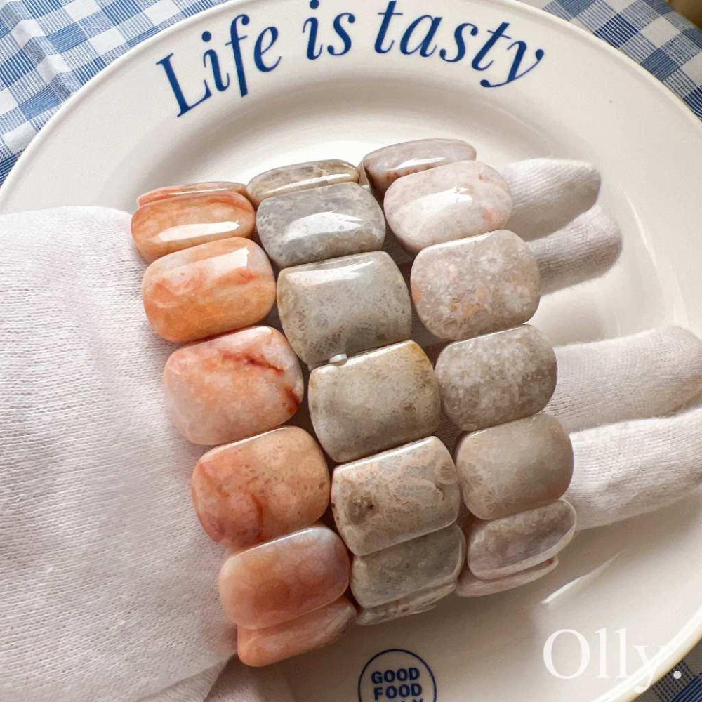 【Olly】珊瑚玉手排【18圍】珊瑚玉 彈性手排可改小 手鍊 手環 菊花石 珊瑚玉 生日禮物 交換禮物 耶誕節AE280-細節圖2