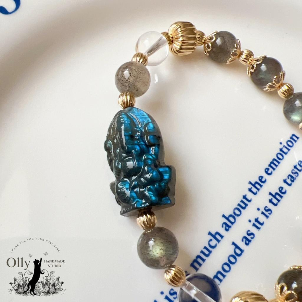 【Olly】設計款【象神】拉長石 魔鬼藍 暴力藍 灰拉長石 光譜石 彈性手鍊 水晶手串 情人節 母親節 閨蜜 生日禮物-細節圖2