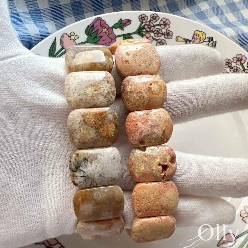 【Olly】珊瑚玉手排【顯花多寶黑花】珊瑚玉 彈性手排 手鍊 手環 菊花石 珊瑚玉 生日禮物 情人節 耶誕節 母親節FF-細節圖3