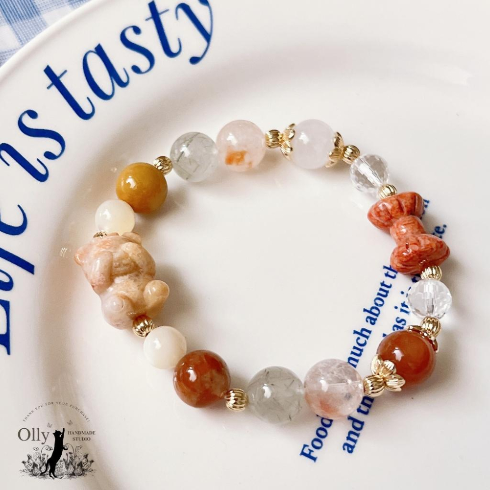 【Olly】設計款【不看不聽小熊】彩兔毛 粉兔毛 白兔毛 紅兔毛 黃兔毛 彈性手鍊 水晶手串 情人節 母親節 生日禮-細節圖3