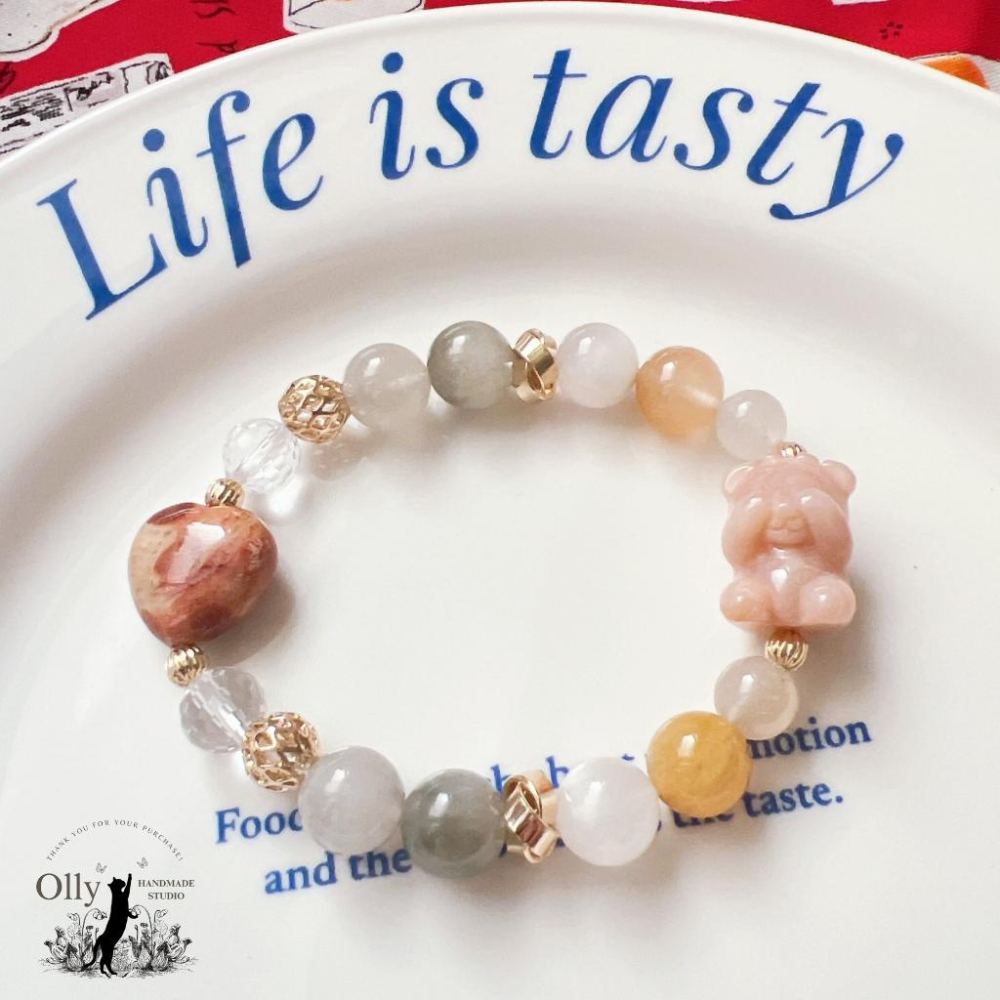 【Olly】設計款【不看不聽小熊】彩兔毛 粉兔毛 白兔毛 紅兔毛 黃兔毛 彈性手鍊 水晶手串 情人節 母親節 生日禮-細節圖6