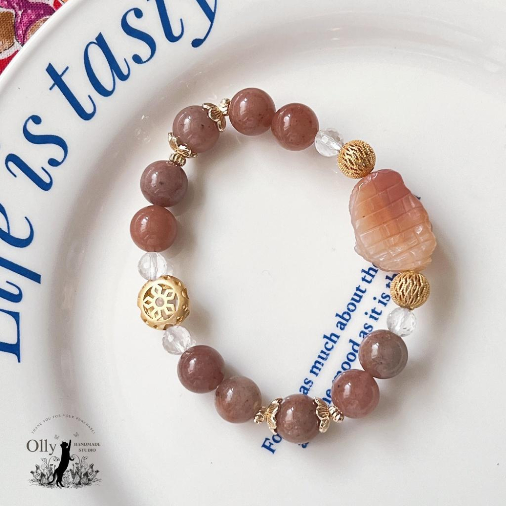 【Olly】設計款【蛇影花香】金絲玉 (草莓醬) 阿拉善 彈性手鍊 彈性手串 情人節 母親節 閨蜜 生日禮物 交換禮物-細節圖6