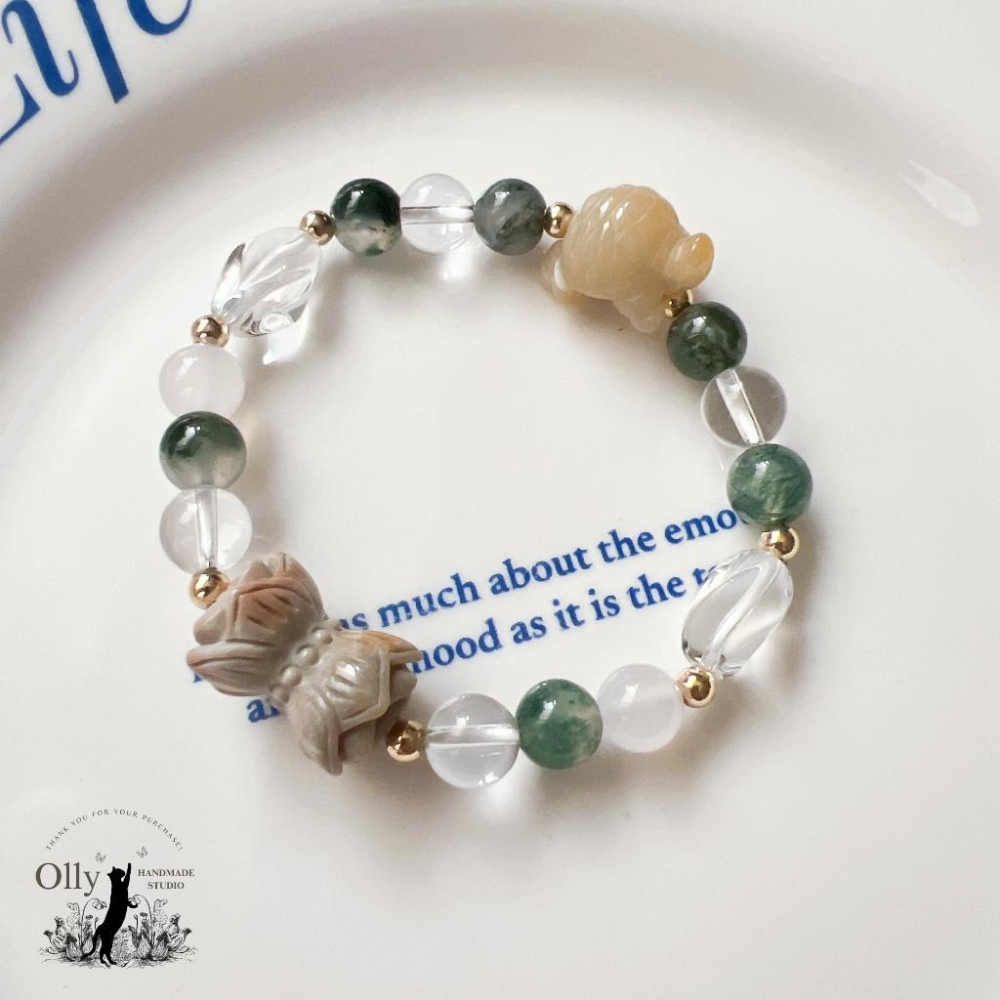 【Olly】設計款【水草映蓮】水草瑪瑙 併蒂蓮 珊瑚玉小龜 彈性手鍊 情人節 母親節 生日禮物 交換禮物 彈性手環-細節圖2