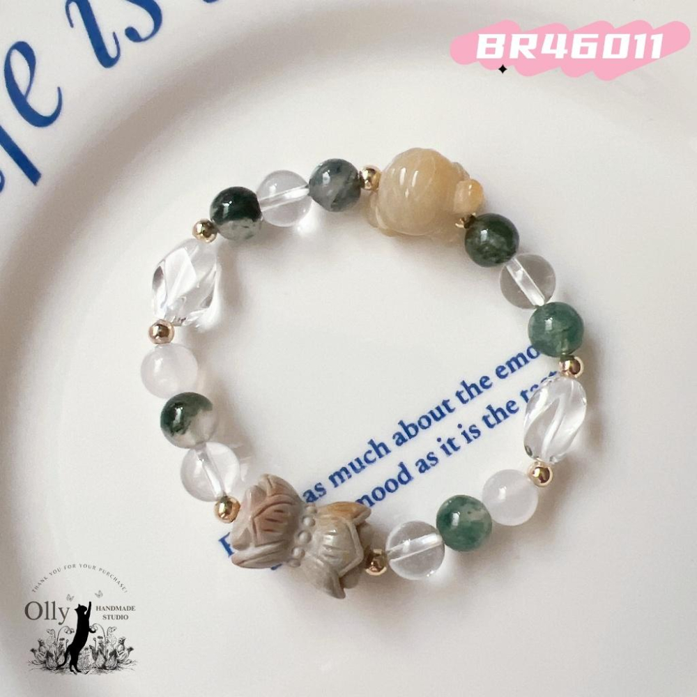 【Olly】設計款【水草映蓮】水草瑪瑙 併蒂蓮 珊瑚玉小龜 彈性手鍊 情人節 母親節 生日禮物 交換禮物 彈性手環-細節圖3
