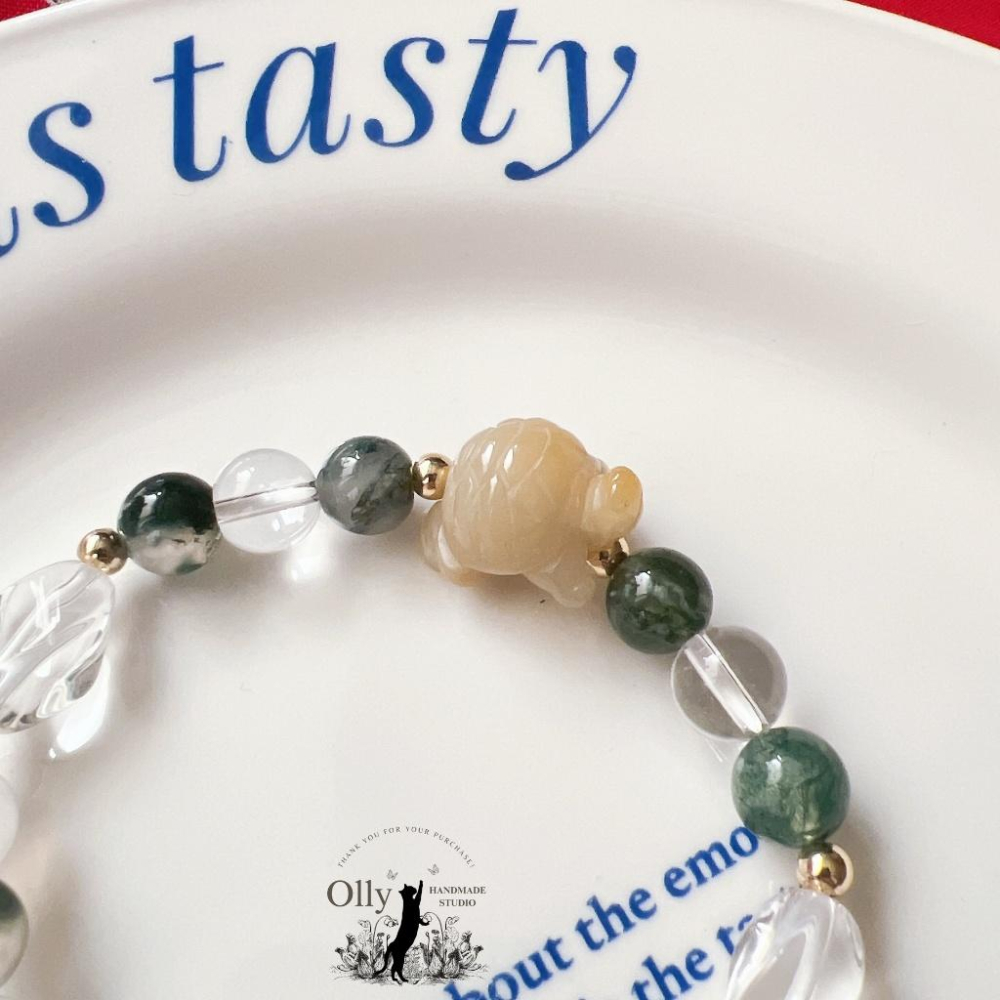【Olly】設計款【水草映蓮】水草瑪瑙 併蒂蓮 珊瑚玉小龜 彈性手鍊 情人節 母親節 生日禮物 交換禮物 彈性手環-細節圖4