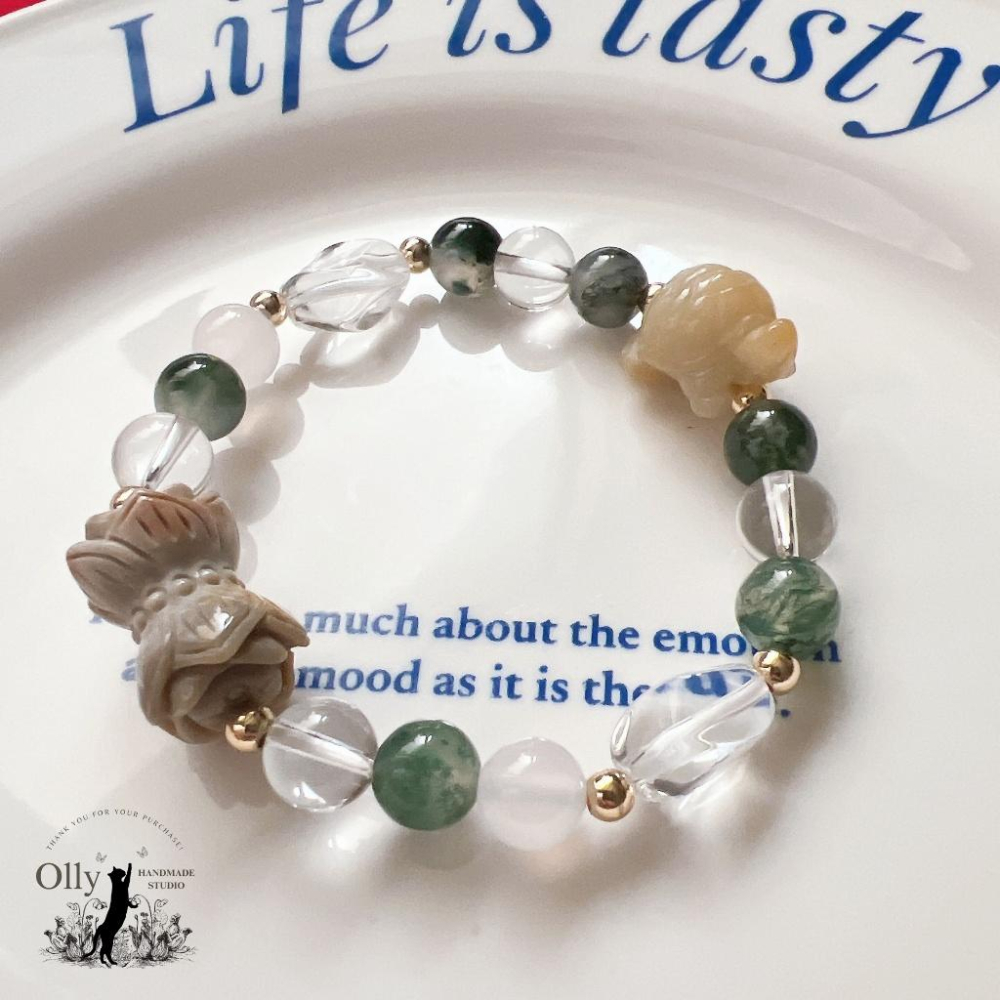 【Olly】設計款【水草映蓮】水草瑪瑙 併蒂蓮 珊瑚玉小龜 彈性手鍊 情人節 母親節 生日禮物 交換禮物 彈性手環-細節圖5