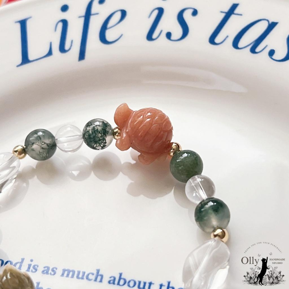 【Olly】設計款【水草映蓮】水草瑪瑙 併蒂蓮 珊瑚玉小龜 彈性手鍊 情人節 母親節 生日禮物 交換禮物 彈性手環-細節圖6