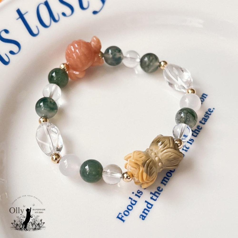 【Olly】設計款【水草映蓮】水草瑪瑙 併蒂蓮 珊瑚玉小龜 彈性手鍊 情人節 母親節 生日禮物 交換禮物 彈性手環-細節圖8