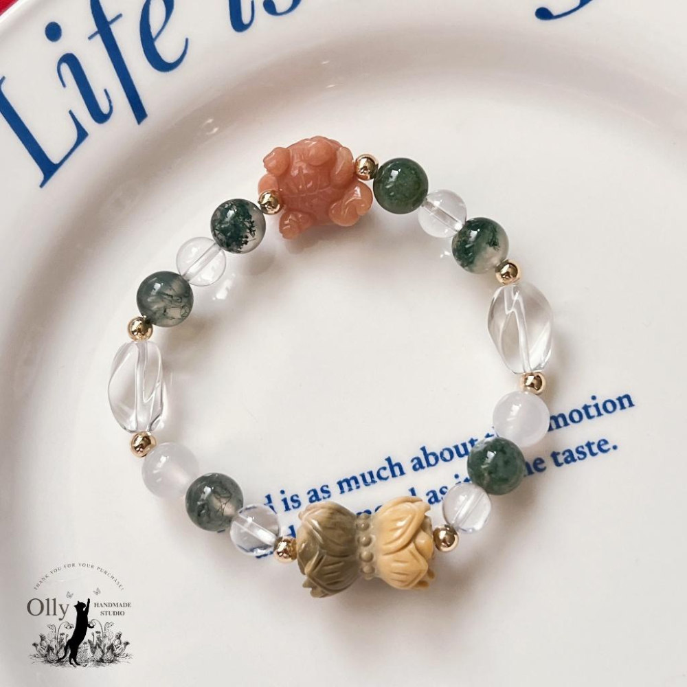 【Olly】設計款【水草映蓮】水草瑪瑙 併蒂蓮 珊瑚玉小龜 彈性手鍊 情人節 母親節 生日禮物 交換禮物 彈性手環-細節圖9