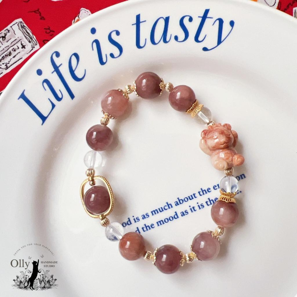 【Olly】設計款【不看不聽小熊】12mm 金絲玉 桃花釀  珊瑚玉 彈性手鍊 設計手鍊 手串 情人節 母親節 生日禮-細節圖4