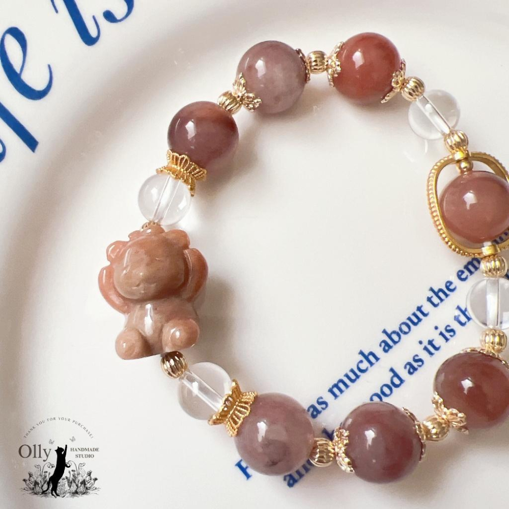 【Olly】設計款【不看不聽小熊】12mm 金絲玉 桃花釀  珊瑚玉 彈性手鍊 設計手鍊 手串 情人節 母親節 生日禮-細節圖5
