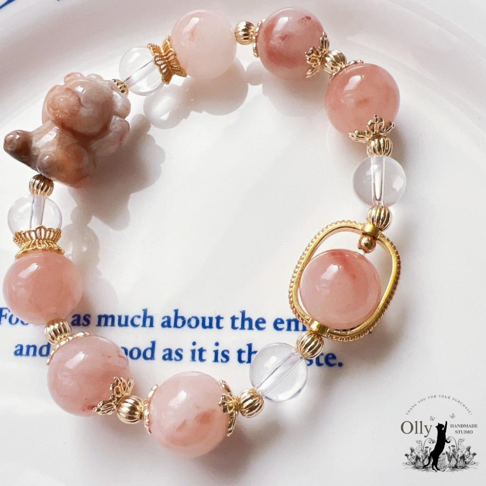 【Olly】設計款【不看不聽小熊】12mm 金絲玉 桃花釀  珊瑚玉 彈性手鍊 設計手鍊 手串 情人節 母親節 生日禮-細節圖8