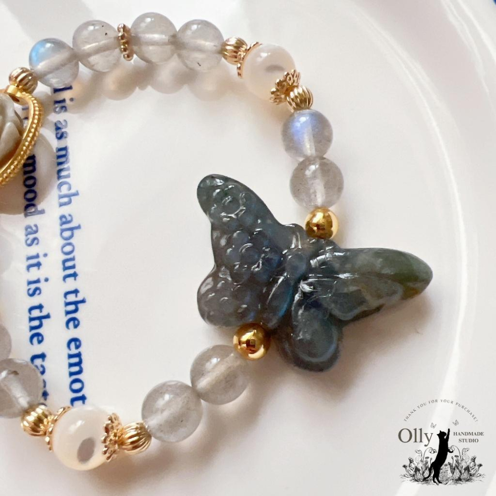 【Olly】設計款【花舞蝶影】拉長石 魔鬼藍 灰拉長石 阿拉善玫瑰 彈性手鍊 水晶手串 情人節 母親節 閨蜜 生日禮物-細節圖2