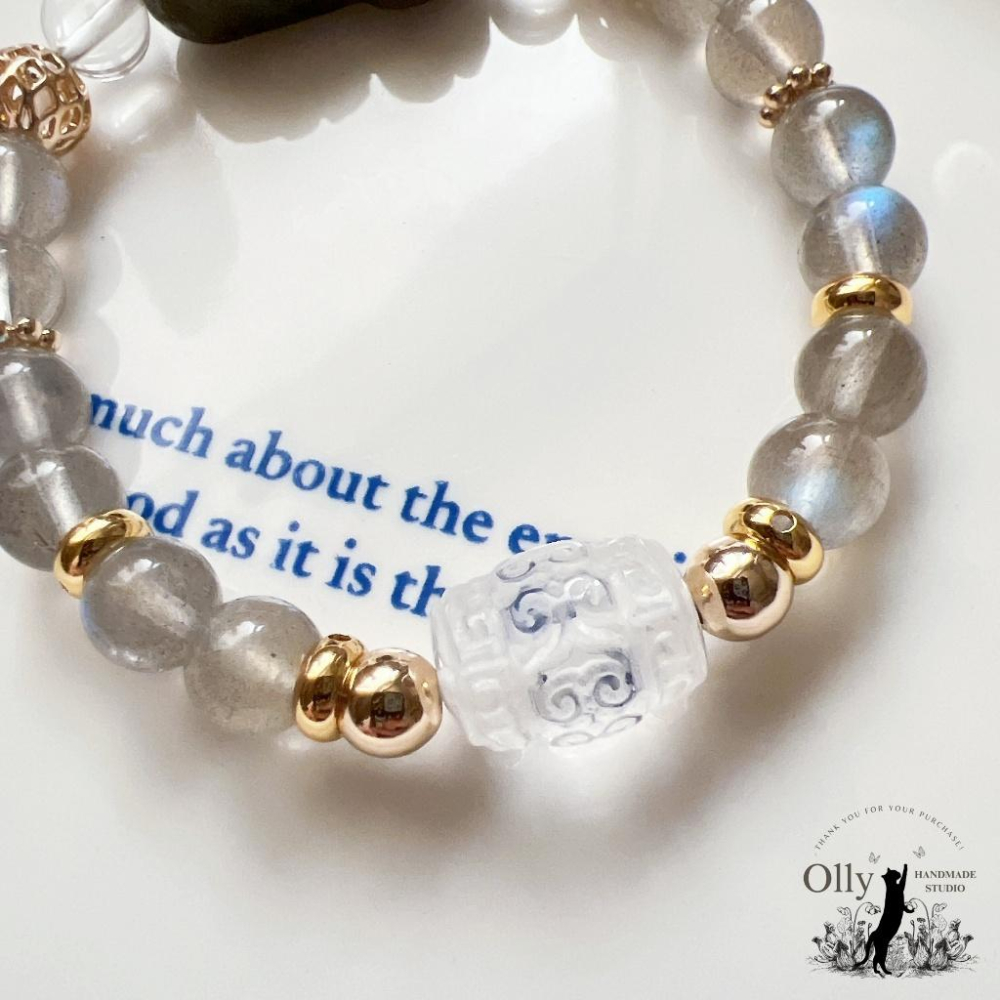 【Olly】設計款【貔貅】拉長石 魔鬼藍 灰拉長石 白水晶回紋珠 彈性手鍊 水晶手串 情人節 母親節 閨蜜 生日禮物-細節圖2