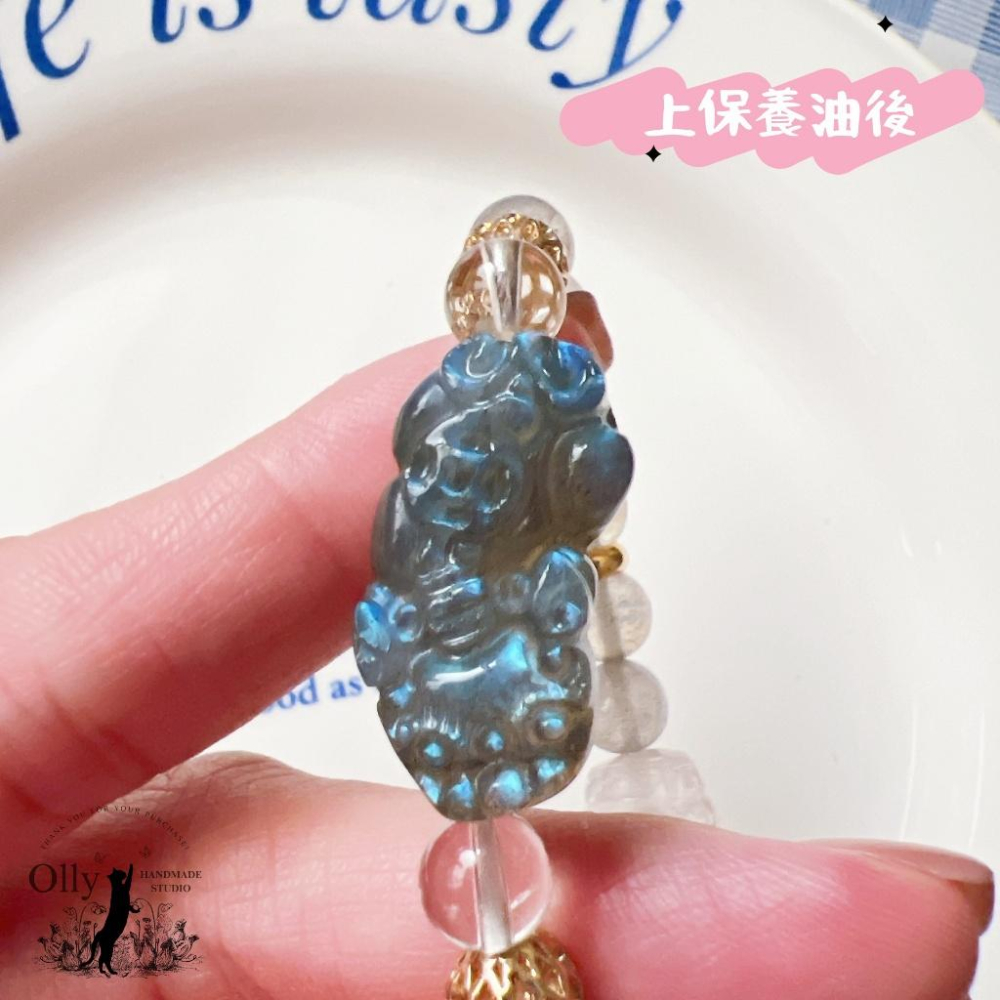 【Olly】設計款【貔貅】拉長石 魔鬼藍 灰拉長石 白水晶回紋珠 彈性手鍊 水晶手串 情人節 母親節 閨蜜 生日禮物-細節圖3