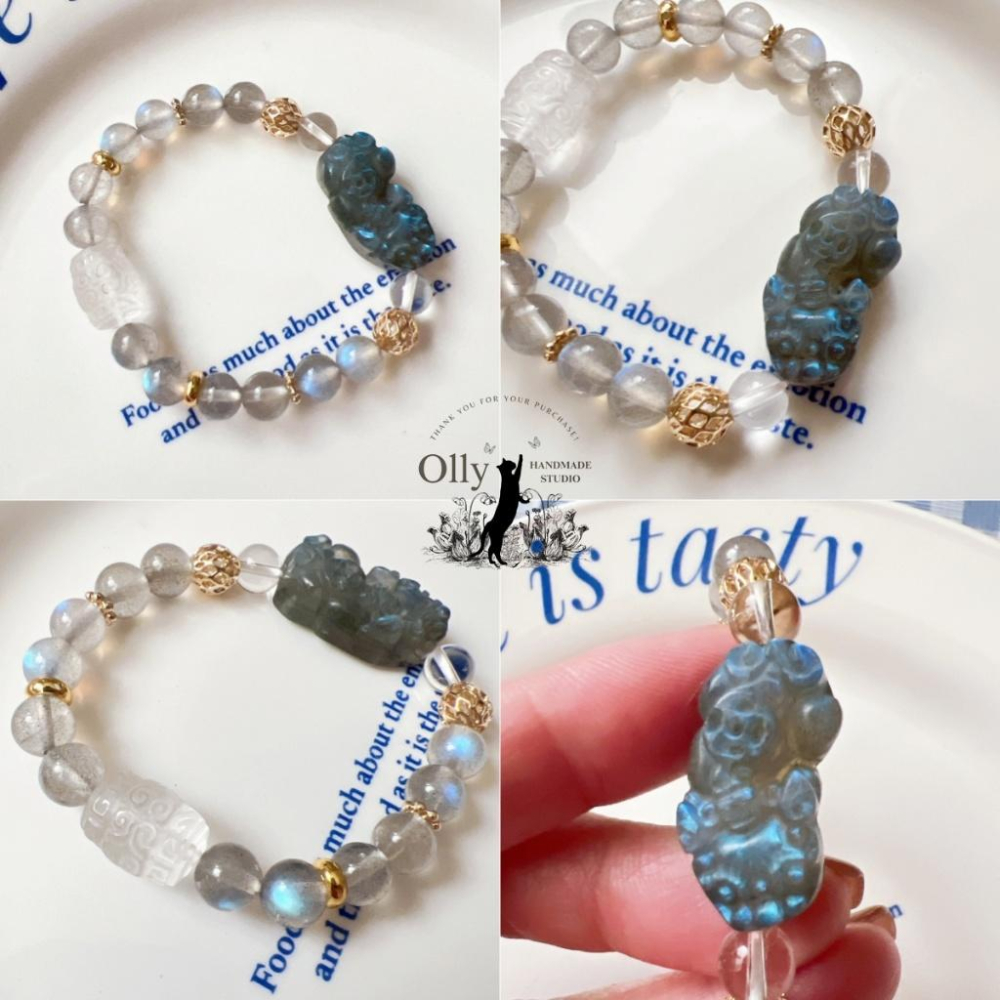 【Olly】設計款【貔貅】拉長石 魔鬼藍 灰拉長石 白水晶回紋珠 彈性手鍊 水晶手串 情人節 母親節 閨蜜 生日禮物-細節圖4