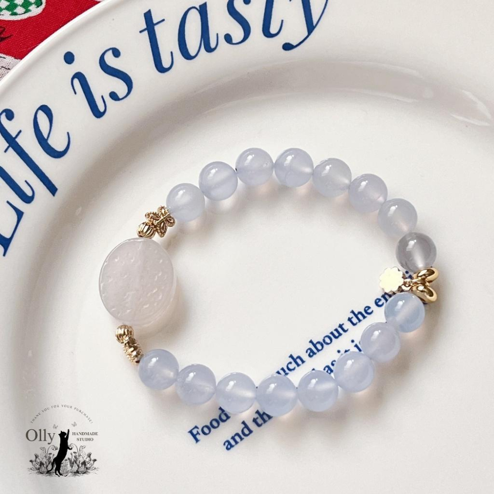 【Olly】設計款【晨曦玫瑰】藍玉髓 阿拉善 彈性手鍊 彈性手串 情人節 母親節 閨蜜手鍊 生日禮物 交換禮物-細節圖2