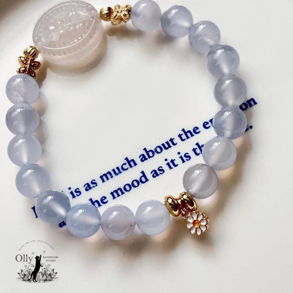 【Olly】設計款【晨曦玫瑰】藍玉髓 阿拉善 彈性手鍊 彈性手串 情人節 母親節 閨蜜手鍊 生日禮物 交換禮物-細節圖3