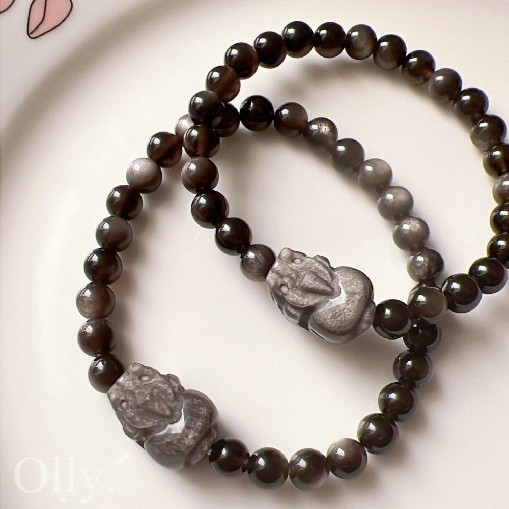 【Olly】設計款【貔貅】銀曜石 擋煞避邪 驅除負能量 提升氣勢 生日禮物 水晶手鍊 情人節 彈性手鍊 聖誕禮物 送禮-細節圖4