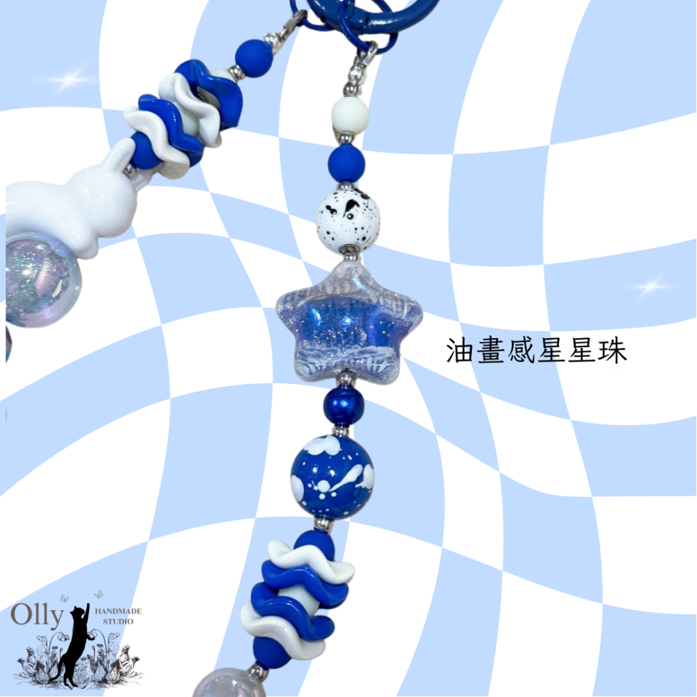 【Olly】寶藍潑墨星星兔 手機鍊 手機掛飾 吊飾 掛鍊 手作掛飾 寶藍吊飾 生日禮物 情人節 飯製 SJ SUJU-細節圖2