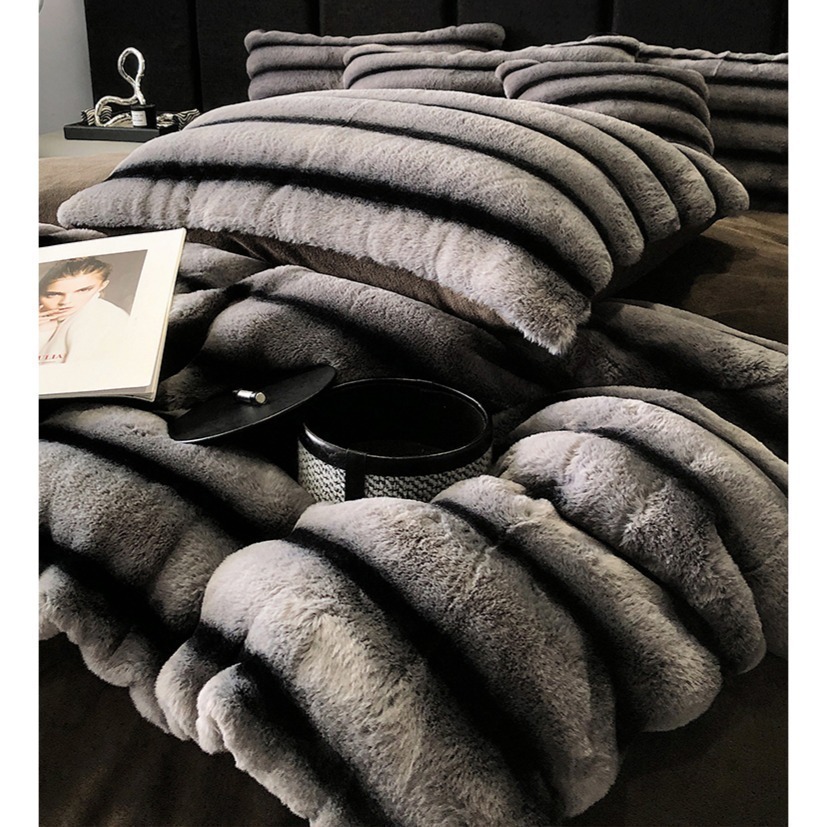 條紋高克重兔兔絨・牛奶絨床包四件套-細節圖3