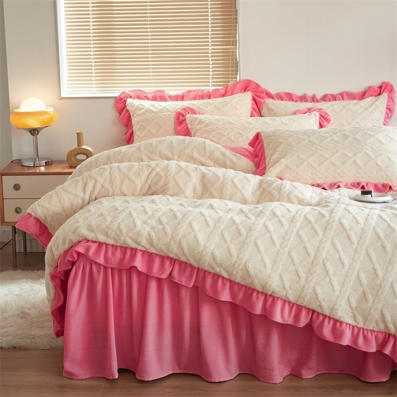 桃紅白花邊床裙